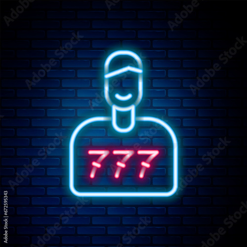 Glowing neon line Lucky player icon isolated on brick wall background. Colorful outline concept. Vector