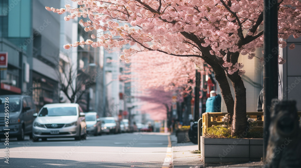beautiful city street with sakura blossoms