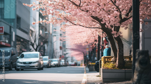 beautiful city street with sakura blossoms