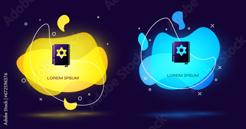 Black Jewish torah book icon isolated on black background. Pentateuch of Moses. On the cover of the Bible is the image of the Star of David. Abstract banner with liquid shapes. Vector