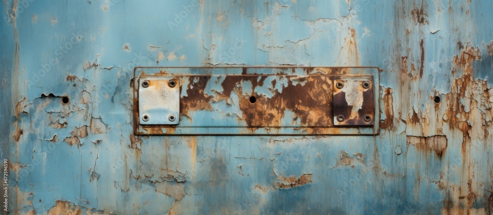 The background texture of an aged metal steel wall plate reveals the peeling of its old paint