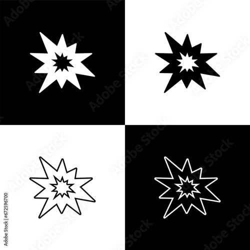 Set Bomb explosion with shrapnel and fireball icon isolated on black and white background. Vector
