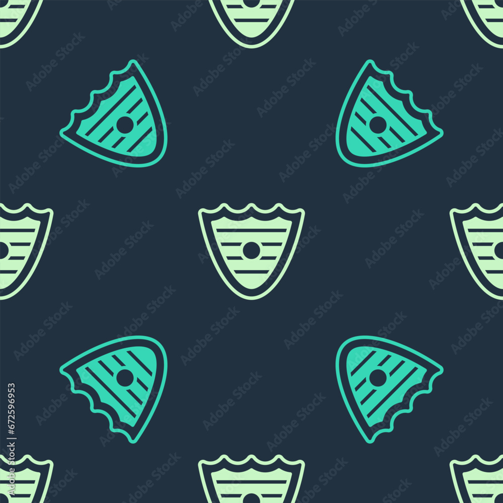 Green and beige Shield icon isolated seamless pattern on blue background. Guard sign. Security, safety, protection, privacy concept. Vector
