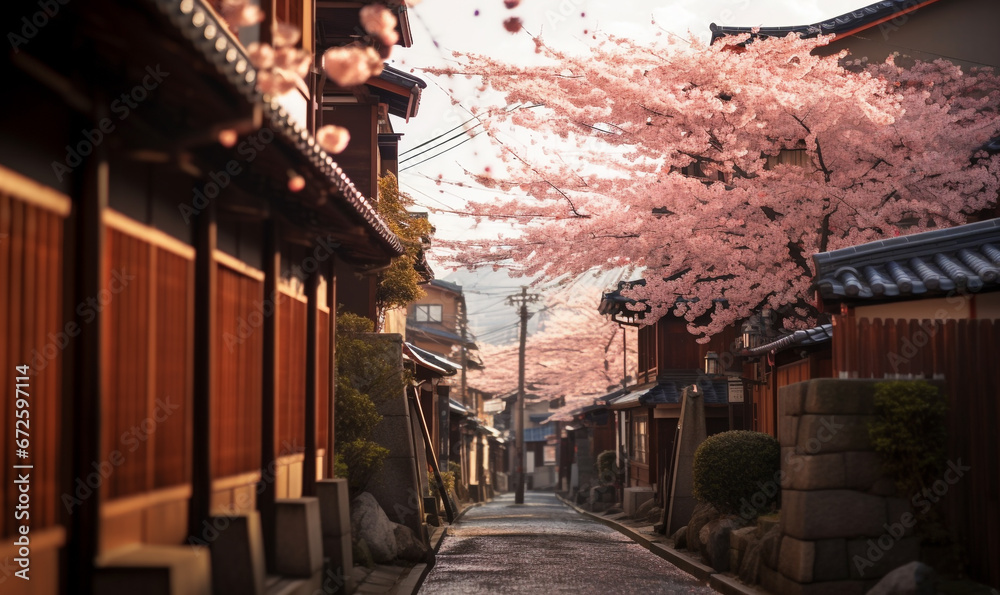 sunset day in japan village with sakura blossoms