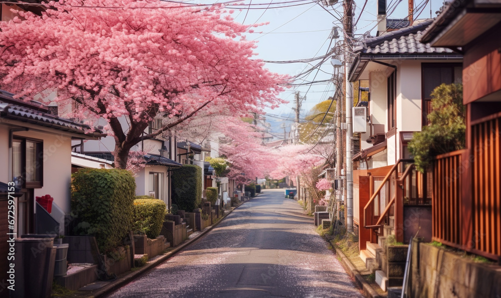 beautiful asian home with pink sakura flower 