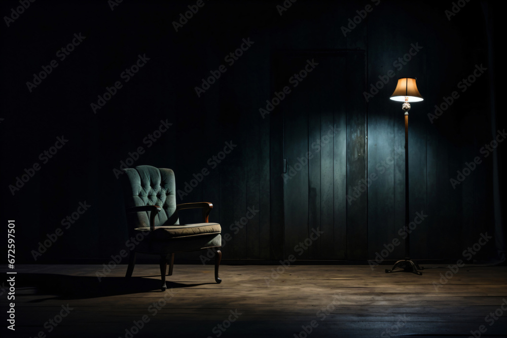single chair in a dark room like a torture chamber or interrogation room, banner, header, wallpaper - obrazy, fototapety, plakaty 