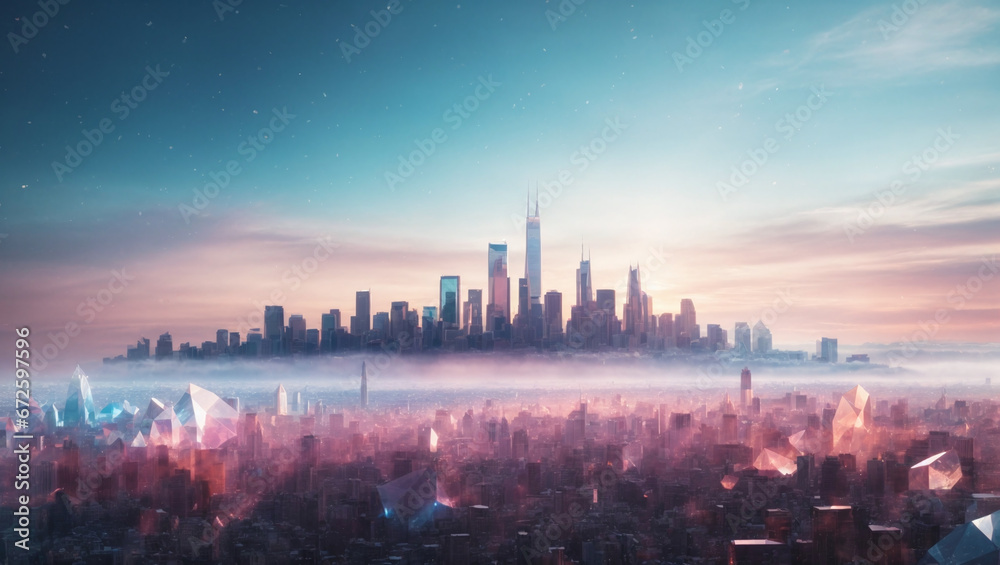 A city skyline silhouetted against a sky filled with colossal, floating crystals. Each crystal emits a different color, casting a breathtaking and ethereal light upon the urban landscape.