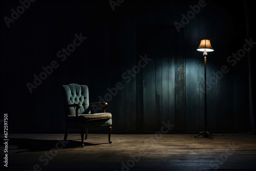 single chair in a dark room like a torture chamber or interrogation room, banner, header, wallpaper photo