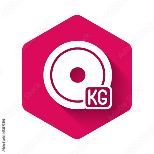 White Weight plate icon isolated with long shadow background. Equipment for bodybuilding sport, workout exercise and fitness. Pink hexagon button. Vector