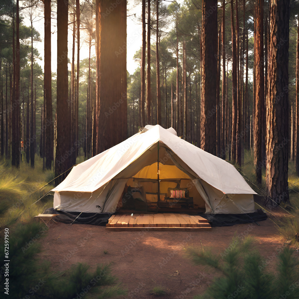 pine forest retreat as the sun sets a cozy camping tent stands amidst a serene pine forest with a well funished cushion. 