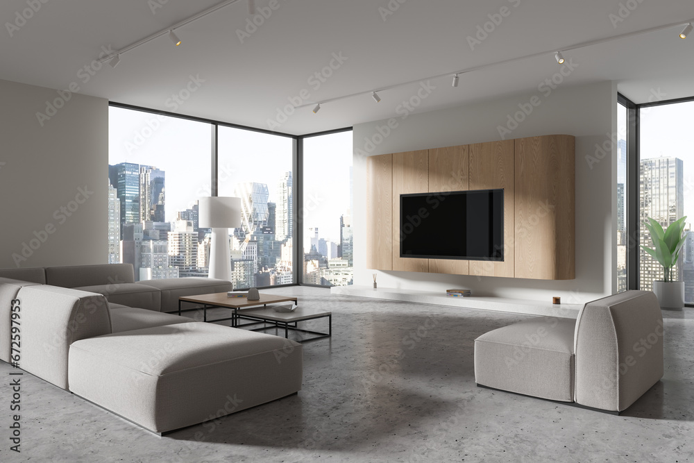 White and wooden living room corner with couch and TV White and wooden living room corner with couch and TV