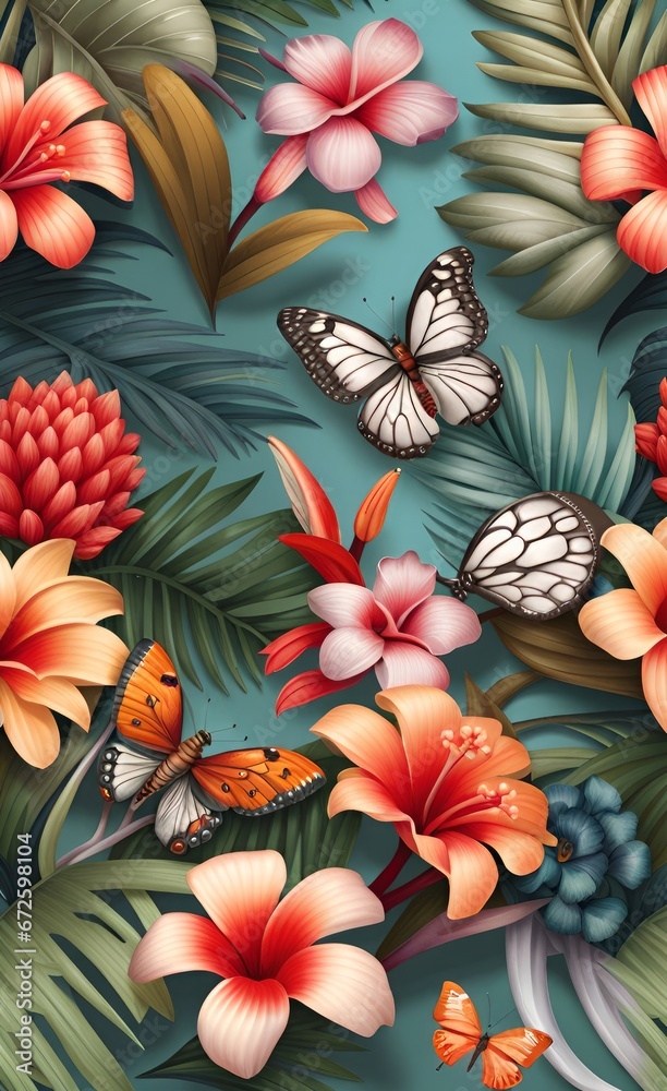 Floral seamless pattern with tropical flowers bouquets, plumeria, protea, hibiscus, glasswinged butterflies, fresh foliage, exotic leaves. Hand-drawn vintage 3D illustration. Generative AI