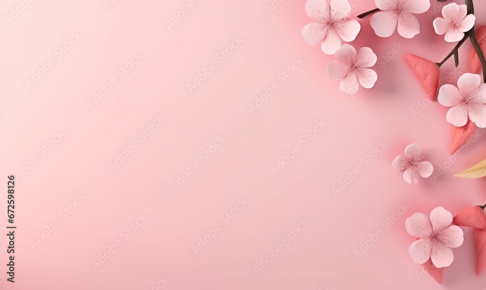 Lovely spring flowers and leaves on side of the pink background with copy space