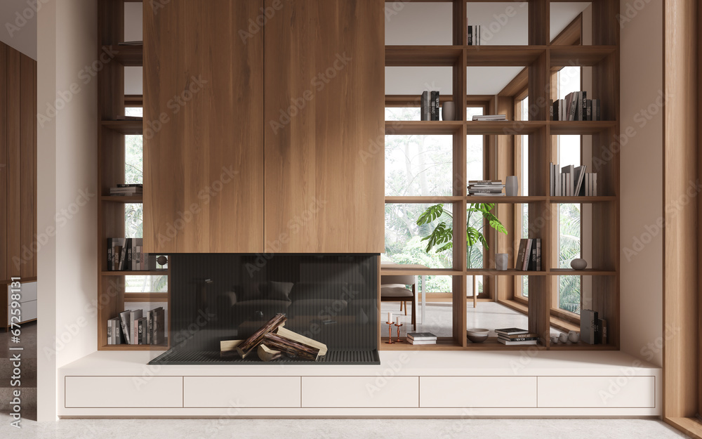 Fototapeta premium Wooden living room interior with fireplace and dining zone, shelf and window