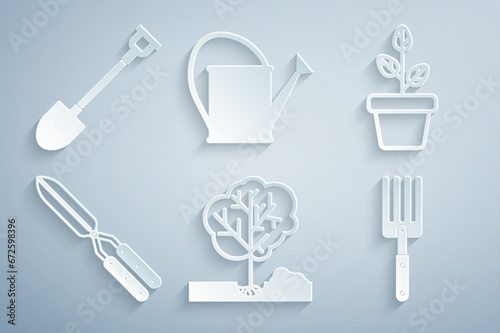 Set Planting tree in the ground, Flowers pot, Gardening handmade scissor, fork, Watering can and shovel icon. Vector