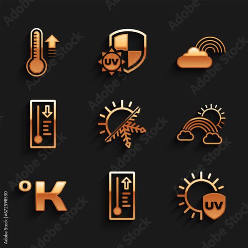 Set Sun and snowflake, Meteorology thermometer, UV protection, Rainbow with clouds sun, Kelvin, and icon. Vector