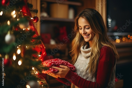 A young smiling woman puts a Christmas present under the tree © Volodymyr