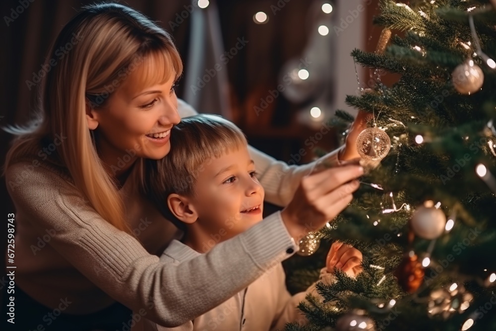 A happy mother and her young son decorate a Christmas tree. Celebrating Christmas and the New Year A happy mother and her young son decorate a Christmas tree. Celebrating Christmas and the New Year