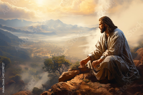 Jesus Christ prays alone in the mountains in the morning