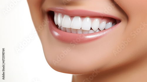 Perfect white teeth smile of a young woman, close up