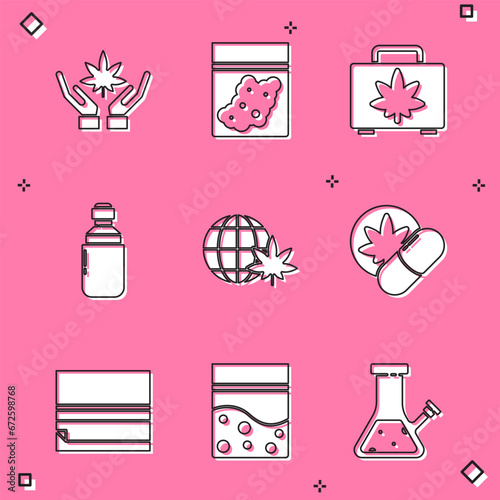 Set Marijuana or cannabis leaf, Plastic bag of, Shopping box marijuana, olive oil, Legalize globe, Herbal ecstasy tablets, Rolling paper and icon. Vector
