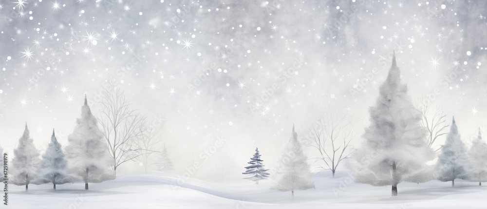 Naklejka premium Christmas card, print, postcard, banner and poster. Shining illustration for New Year with copy space. Silver aquarel Christmas background with glitter, decor snowflakes and silver Christmas tree.