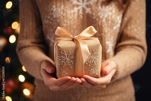 A young woman holds a Christmas present in her hands © Volodymyr