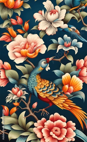 Chinoiserie Vintage floral illustration for wallpaper  fabric  packaging. Mural. Bloom. Seamless background with exotic birds and flowers  Generative AI