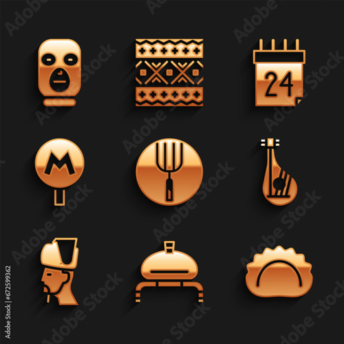 Set Garden pitchfork, Bread and salt, Dumplings, Bandura, Ukrainian cossack, Metro Underground, Independence day of Ukraine and Thief mask icon. Vector
