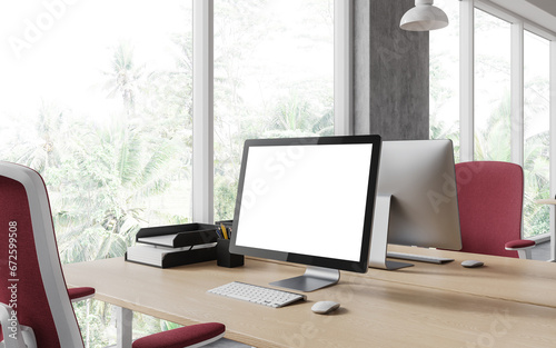 Modern office interior with pc desktop on table with mockup display  window