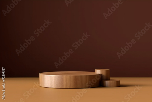 Natural wood podium on brown background with shadow, Showcase for cosmetic products, goods, whiskey, cigar, watches, Scene for goods showing in eco minimalistic style