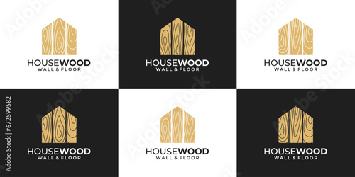 Wood house vector logo set template. Wood texture home builder logo illustration. Capenter industry logo design.