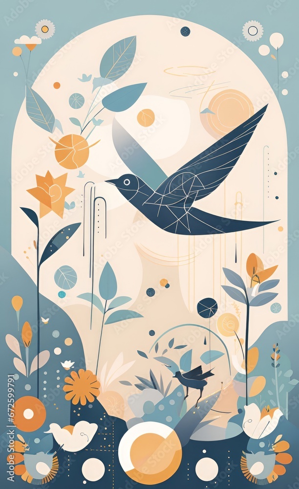 Illustration composed of geometric shapes, executed in gentle tones and modern style. Circles with patterns of flying swallows, flowers and plants. Wallpaper use, mural, Generative AI