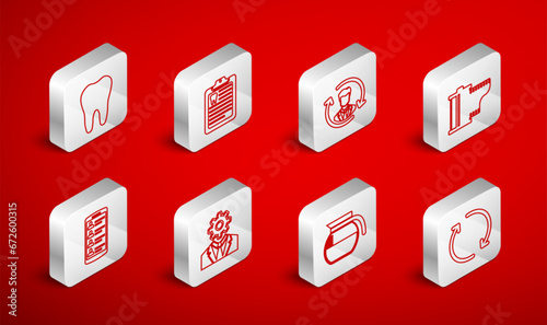 Set line Refresh, Clipboard with dental card, Human resources, Camera film roll cartridge, Coffee pot, Tooth, Head gear inside and Smartphone contacts icon. Vector