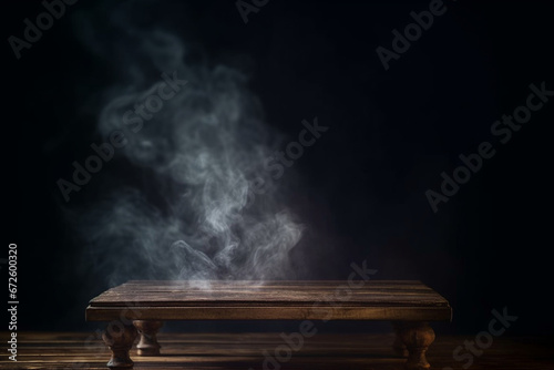 Old wooden platform, podium or table with smoke in the dark