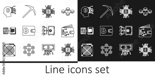 Set line Processor chip with dollar, Cryptocurrency wallet, CPU mining farm, Smart contract, Bitcoin think, Proof of stake and Pickaxe icon. Vector