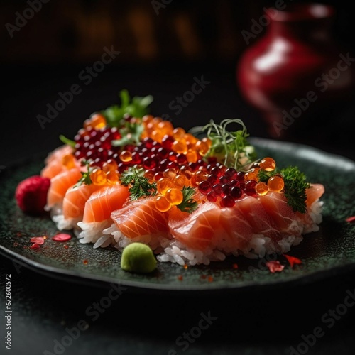 plate of food containing sushi or sashs and salmon
