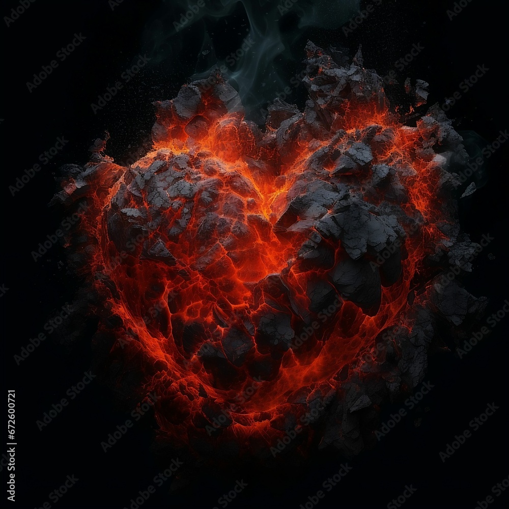 AI generated illustration of a vibrant red heart-shaped flame burning on a dark background