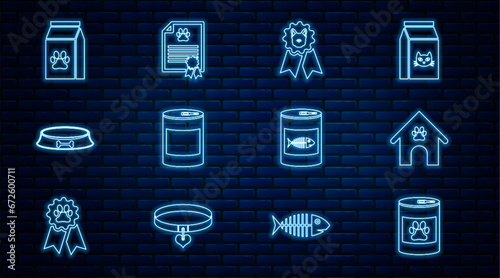 Set line Canned food, Dog house and paw print pet, award symbol, Pet bowl, Bag of for, cat and Certificate dog icon. Vector