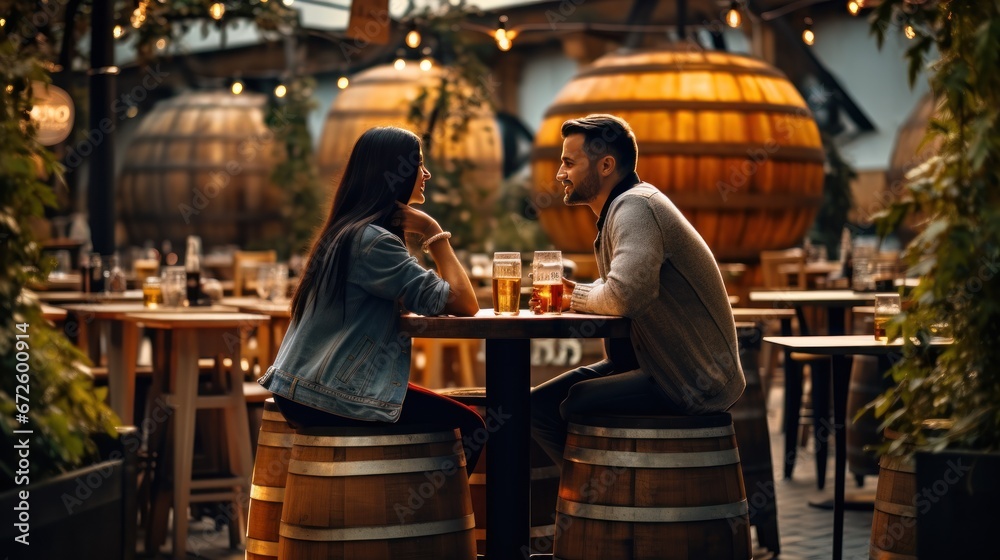 A couple drinks beer in a classic restaurant with wooden beer barrels as seats.