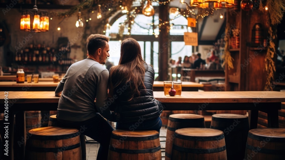 A couple drinks beer in a classic restaurant with wooden beer barrels as seats.