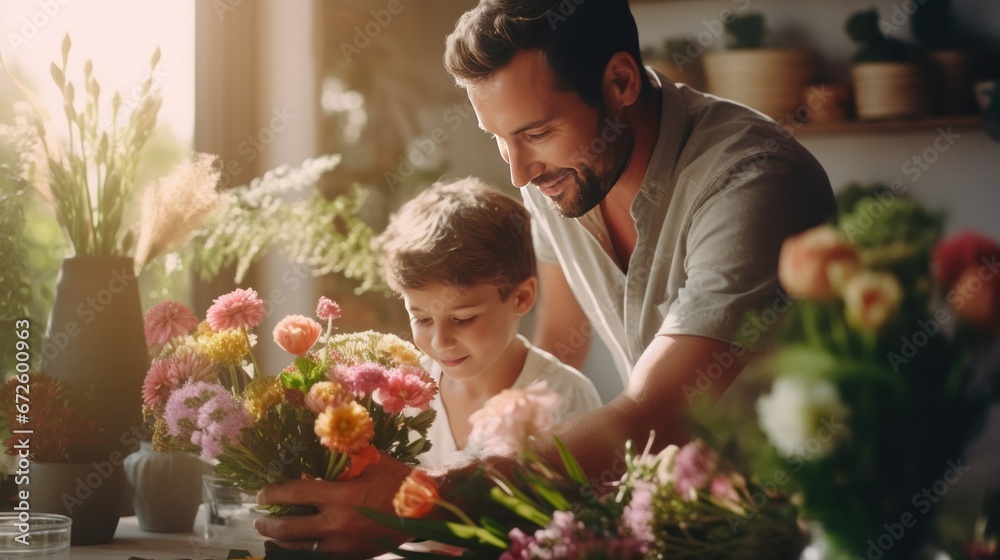 A father and son florist create beautiful bouquets with a variety of flowers and fresh bouquets. - obrazy, fototapety, plakaty 