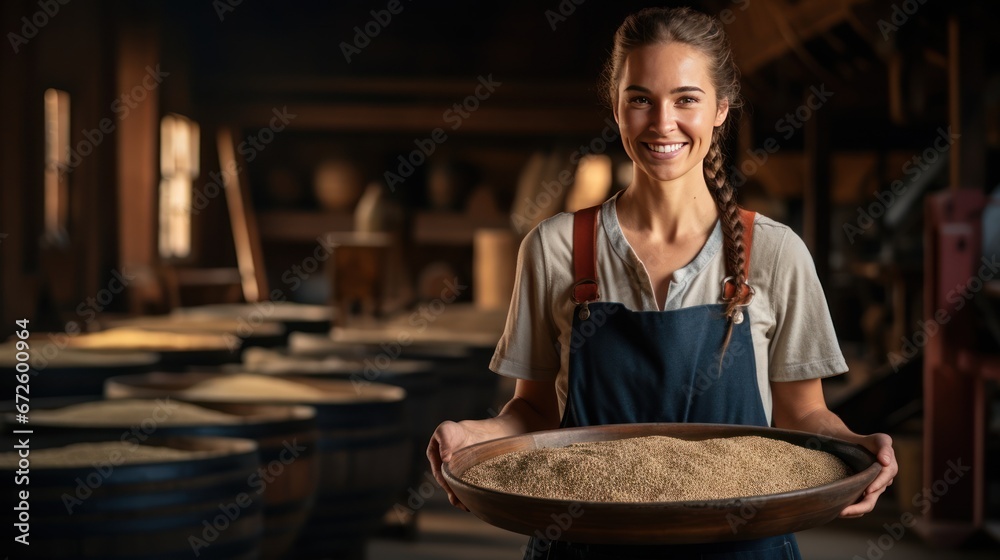 A female farmer wearing an apron carries a wooden tray made from malted barley. A female farmer wearing an apron carries a wooden tray made from malted barley.