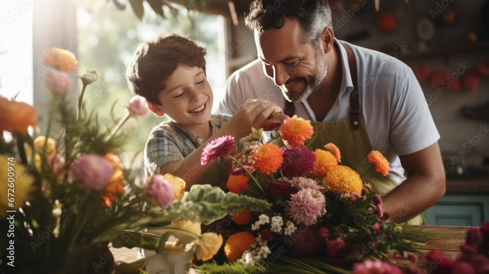 A father and son florist create beautiful bouquets with a variety of flowers and fresh bouquets.