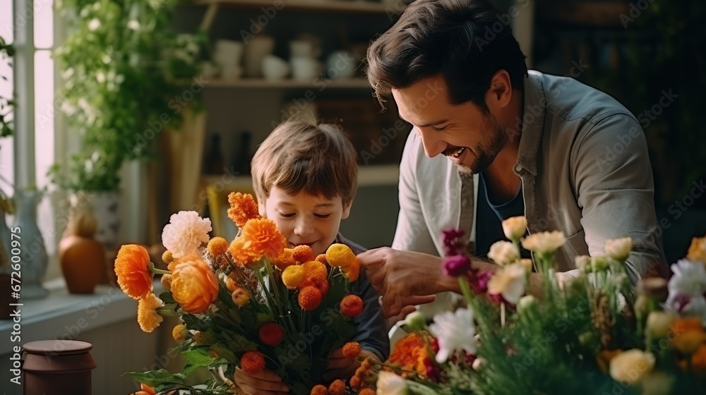 A father and son florist create beautiful bouquets with a variety of flowers and fresh bouquets.