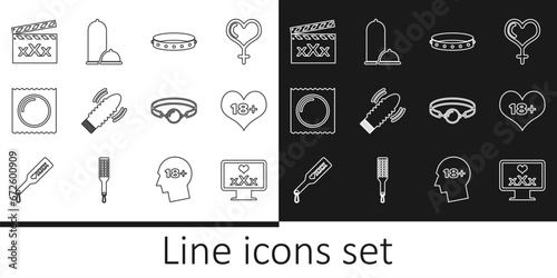 Set line Monitor with 18 plus content, heart, Leather fetish collar, Dildo vibrator for sex games, Condom in package, Movie clapper Sex, Silicone ball gag and Condoms safe icon. Vector