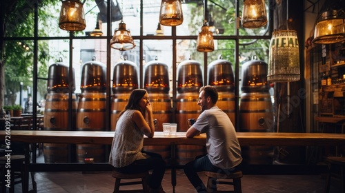 A couple drinks beer in a classic restaurant with wooden beer barrels as seats.