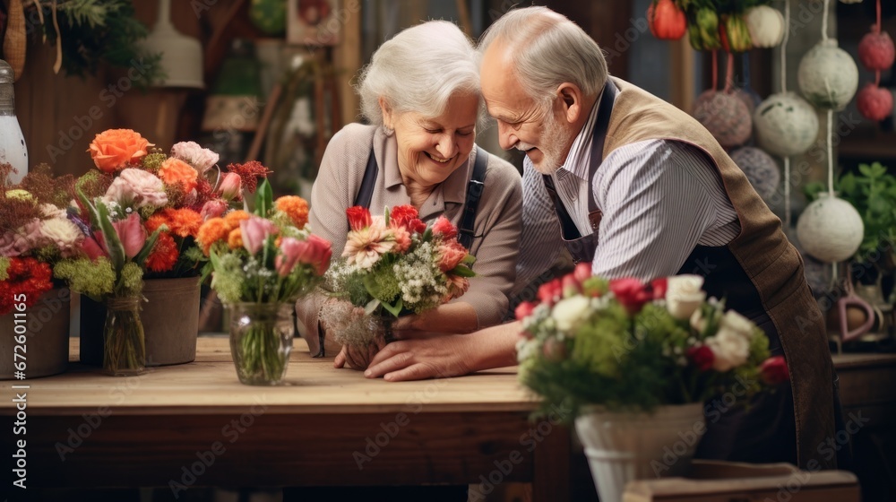 Elderly couple, flower arrangers Elderly couple, flower arrangers