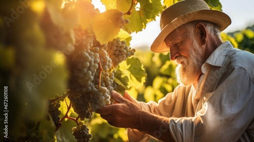 An elderly farmer stands and inspects the grapes in his farm.