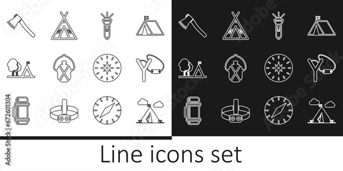 Set line Tourist tent with flag, Slingshot, Flashlight, Canteen water bottle, Wooden axe, Compass and icon. Vector